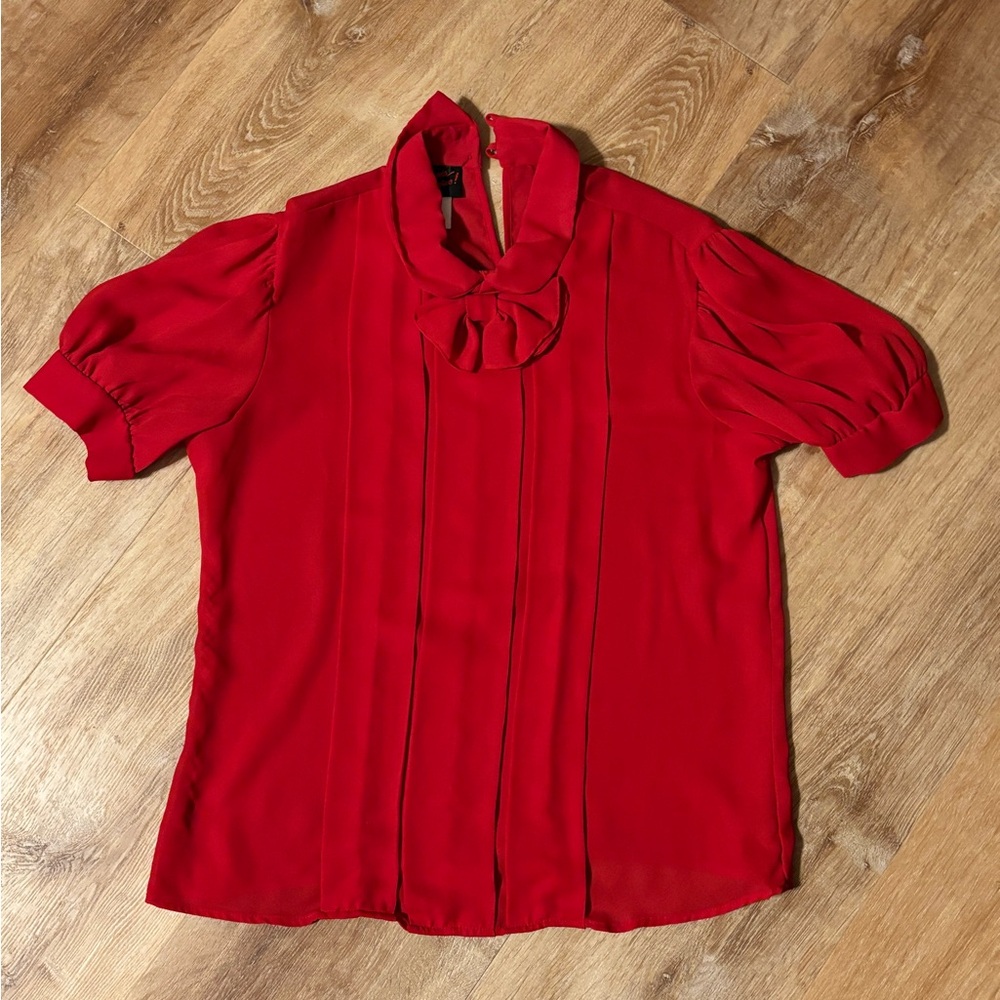 Bow Peter Pan collar sheer Red womens Top Sz 14 bow neck vintage  **2 for 20*